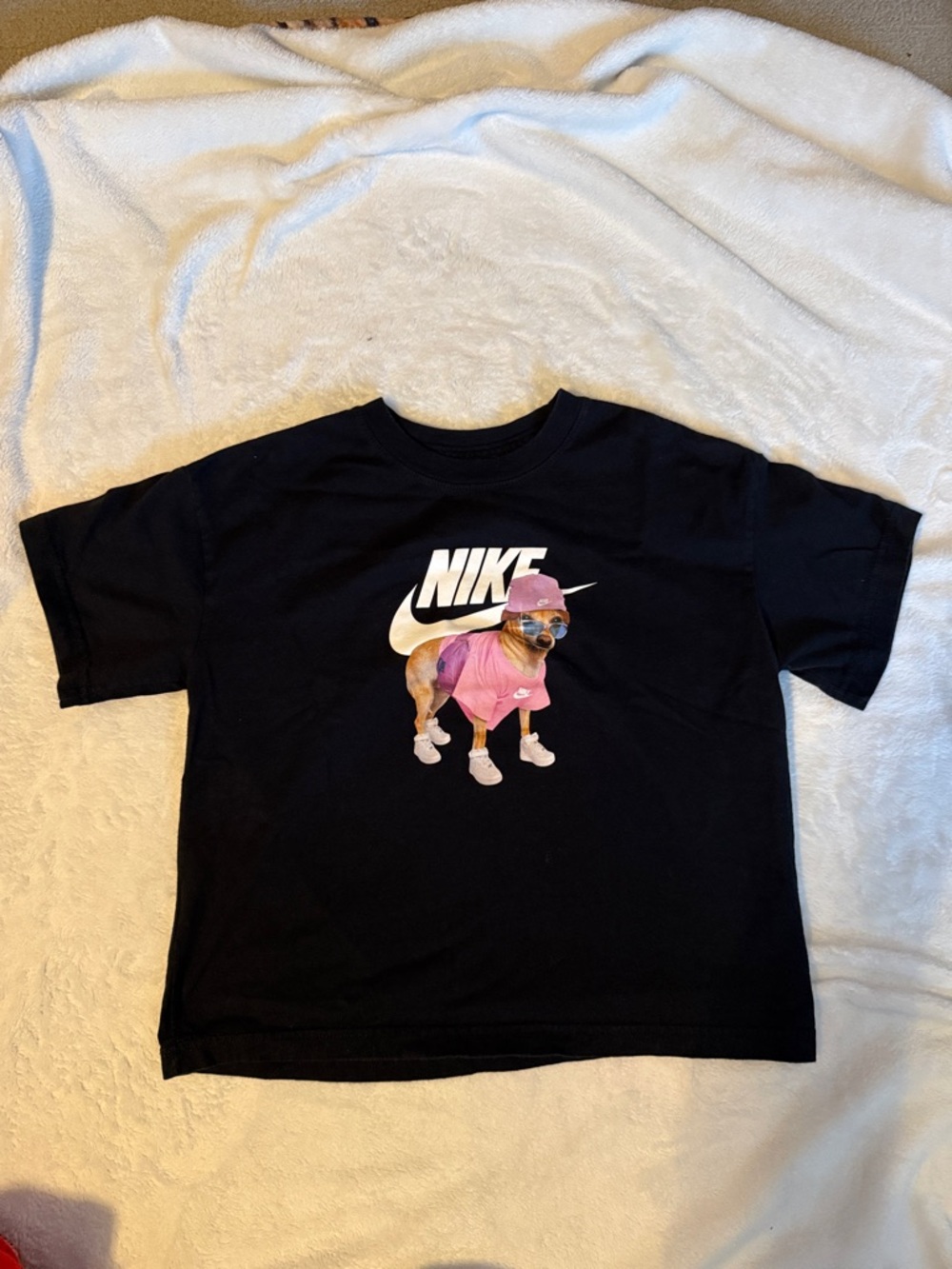 Nike Black Tee with Pink Dog Graphic and White Logo